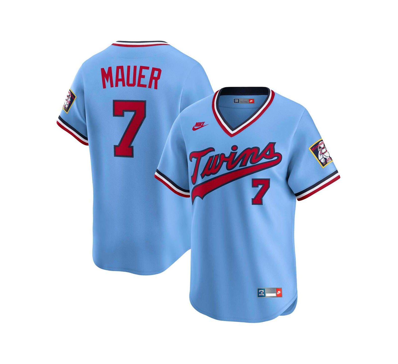 Мужская джерси Nike Joe Mauer Light Blue Minnesota Twins Throwback Cooperstown Collection Limited