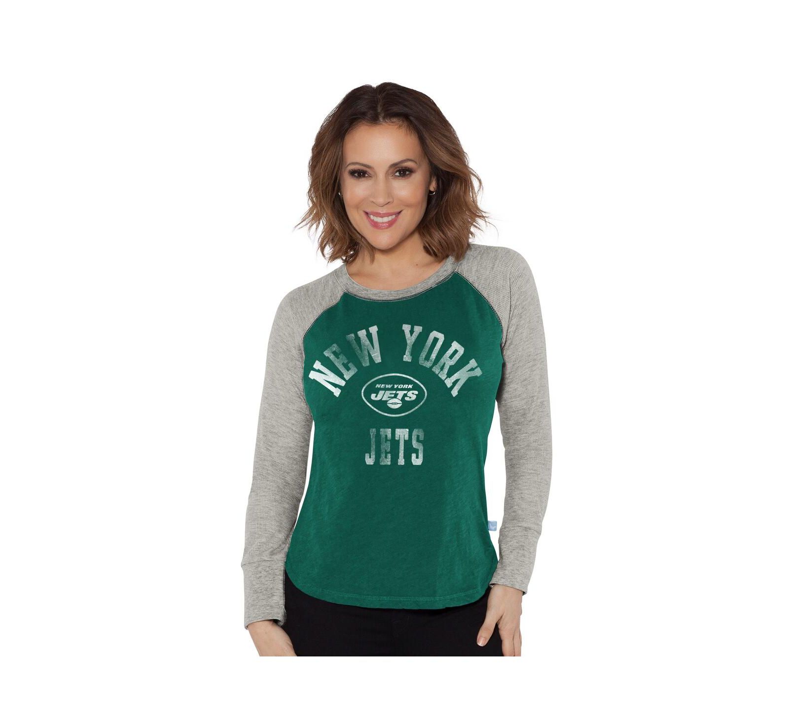 Футболка G-III 4Her by Carl Banks Women's Green/Heather Gray New York Jets Waffle Knit Raglan Long Sleeve