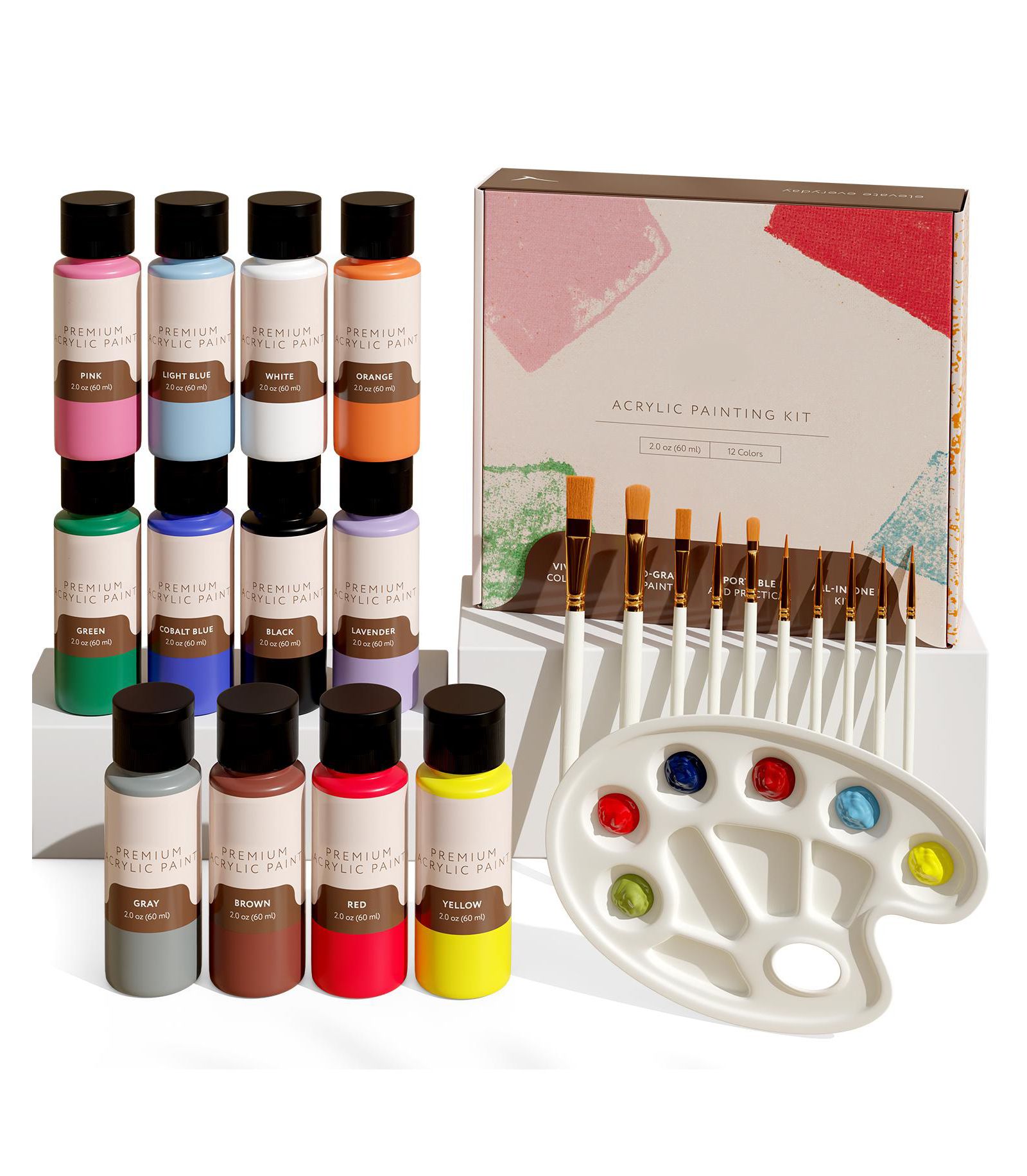 Hearth & Harbor 12 Color Acrylic Paint Set (2oz/60ml) - Matte Finish, With 10 Brushes and Painting Pallet