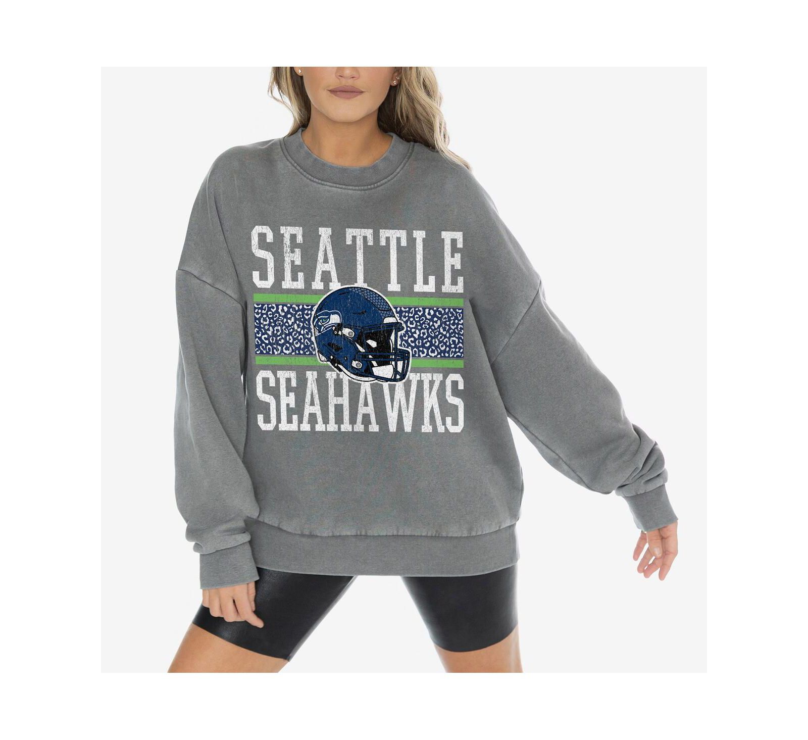 Женское худи Gameday Couture Gray Seattle Seahawks Vintage Wash Oversized Crewneck Fleece Pullover