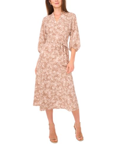 Vince Camuto Women's Printed Split-Neck Belted Midi Dress