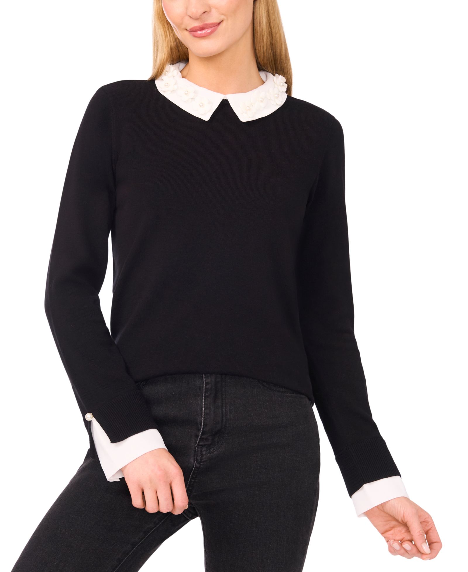 CeCe Women's Long Sleeve Woven Collar Neck Pullover Sweater