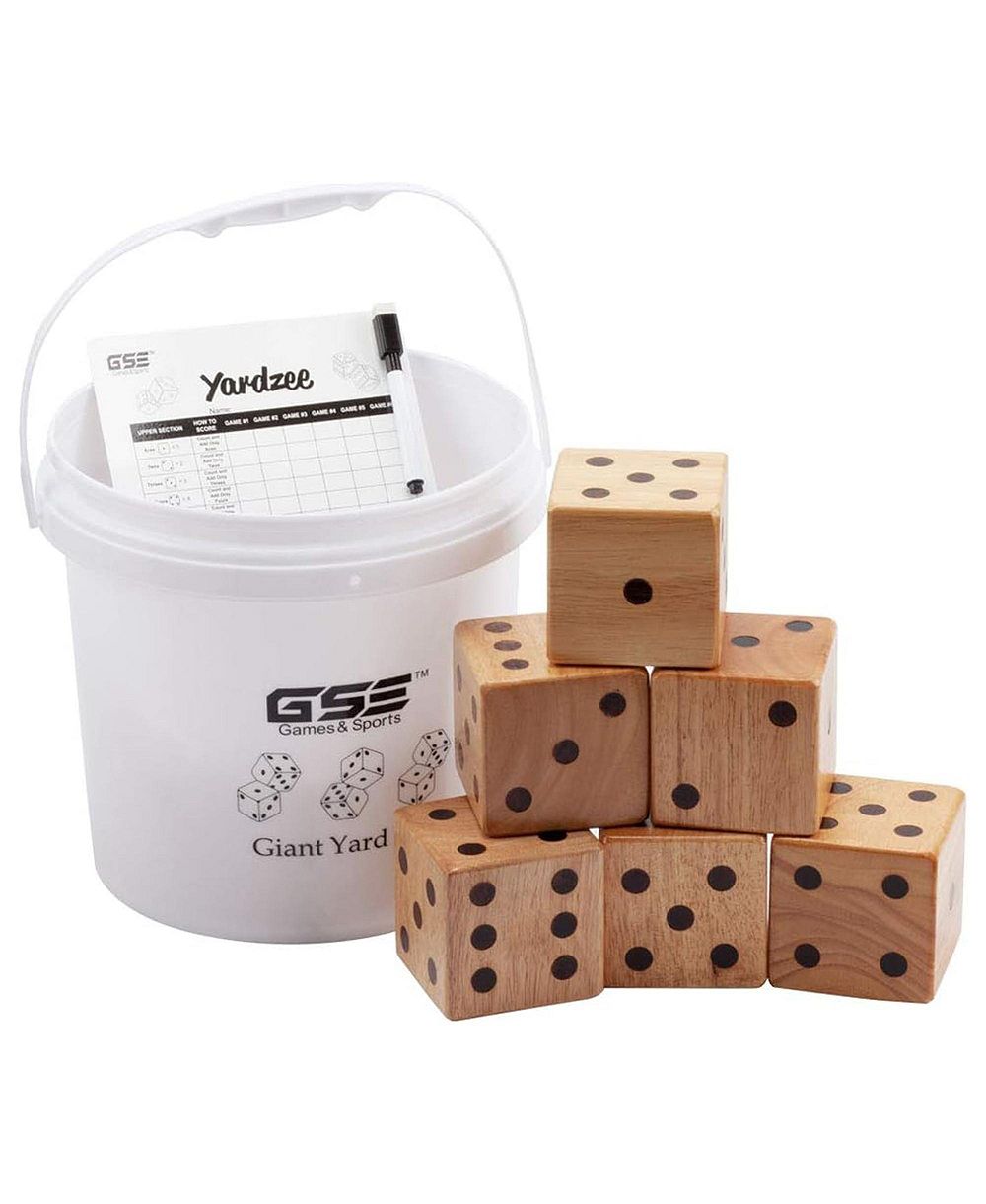 GSE Games & Sports Expert 3.5-Inch Premium Oak Giant Yard Dice Set with Bucket and Yardzee & Farkle Scorecard.