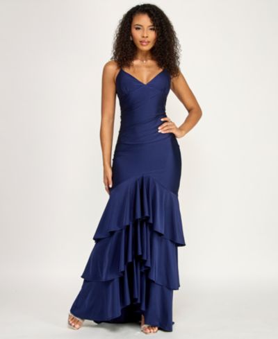 KATIA RAE Juniors' V-Neck Tiered Tie-Back Gown