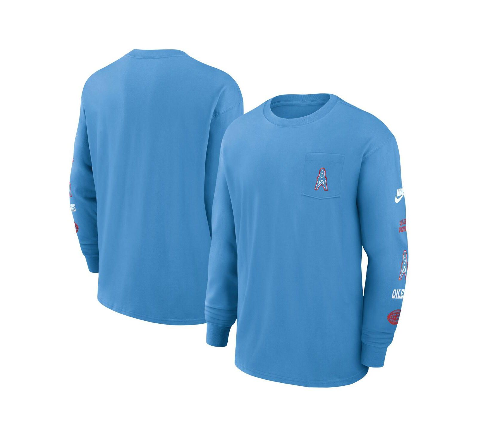 Мужская футболка Nike Light Blue Houston Oilers Rewind Heavy Max90 с длинным рукавом