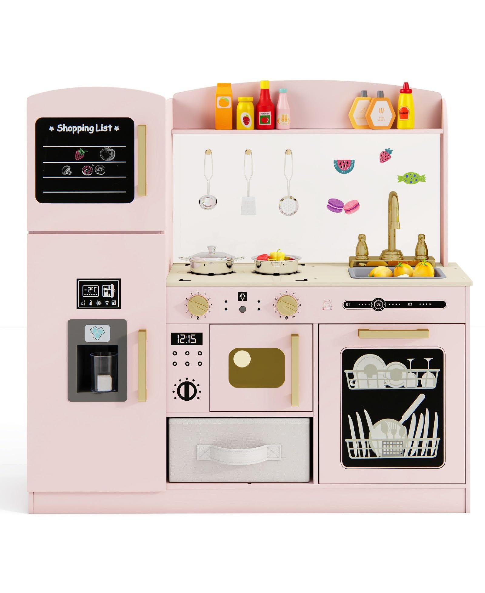 Mecale Wooden Play Kitchen with Light-Up Microwave, Ice Maker, and Chalkboard, Ages 3+
