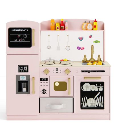 Mecale Wooden Play Kitchen with Light-Up Microwave, Ice Maker, and Chalkboard, Ages 3+