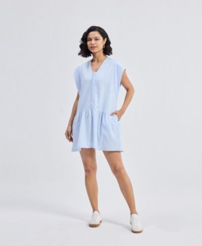 Reistor Women's Oversized V neck Short Dress with Frayed Sleeves