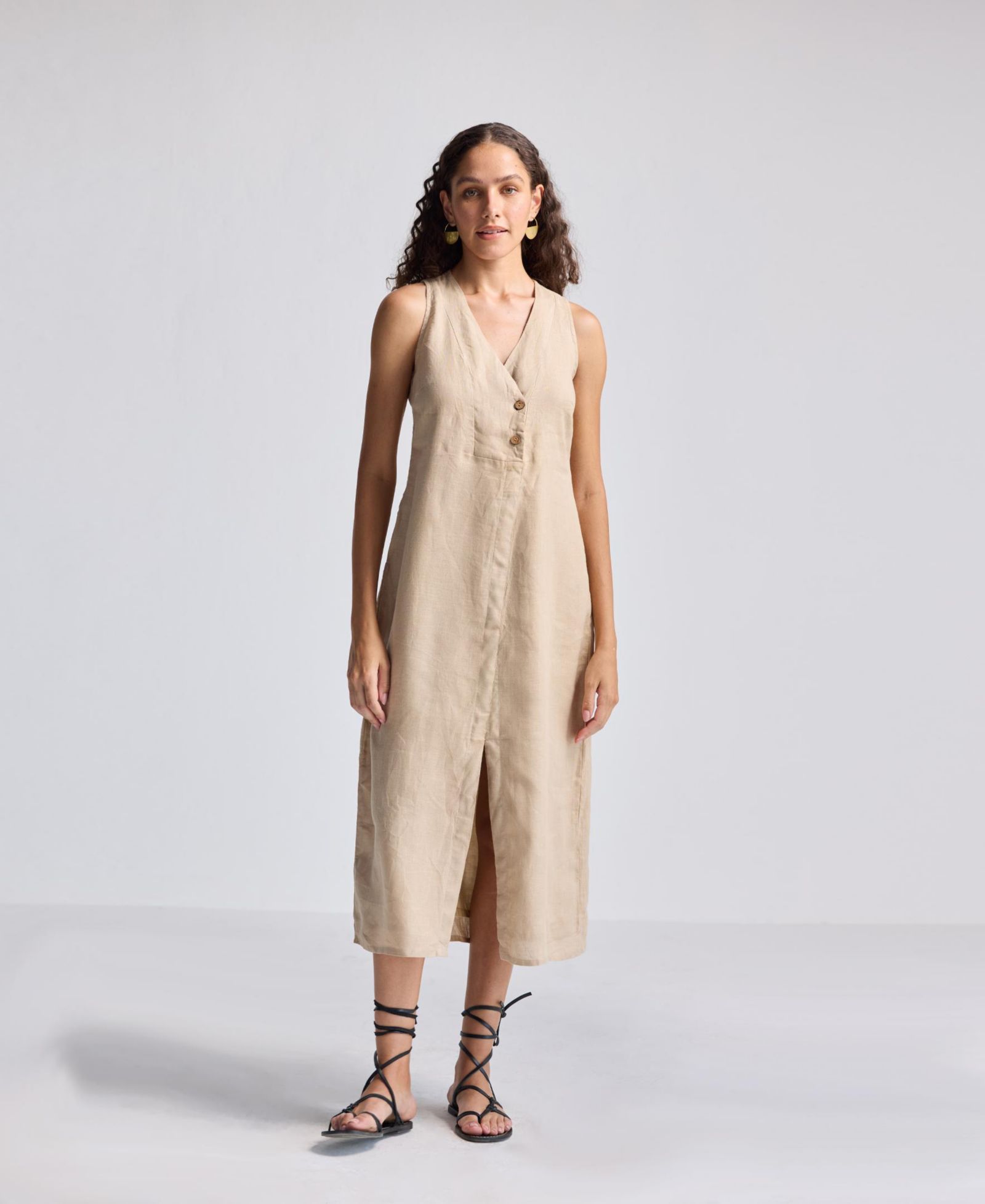 Reistor Women's Straight Dress with Front Slit in Neutral Beige Hemp