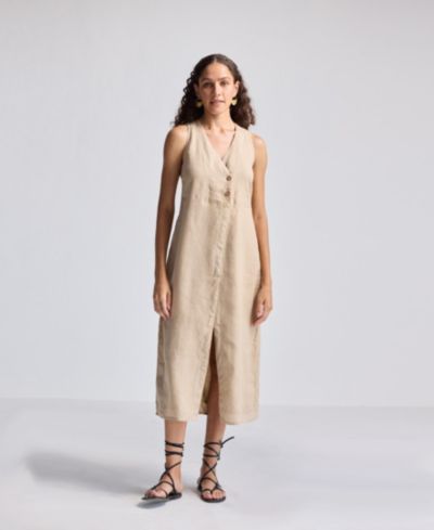 Reistor Women's Straight Dress with Front Slit in Neutral Beige Hemp