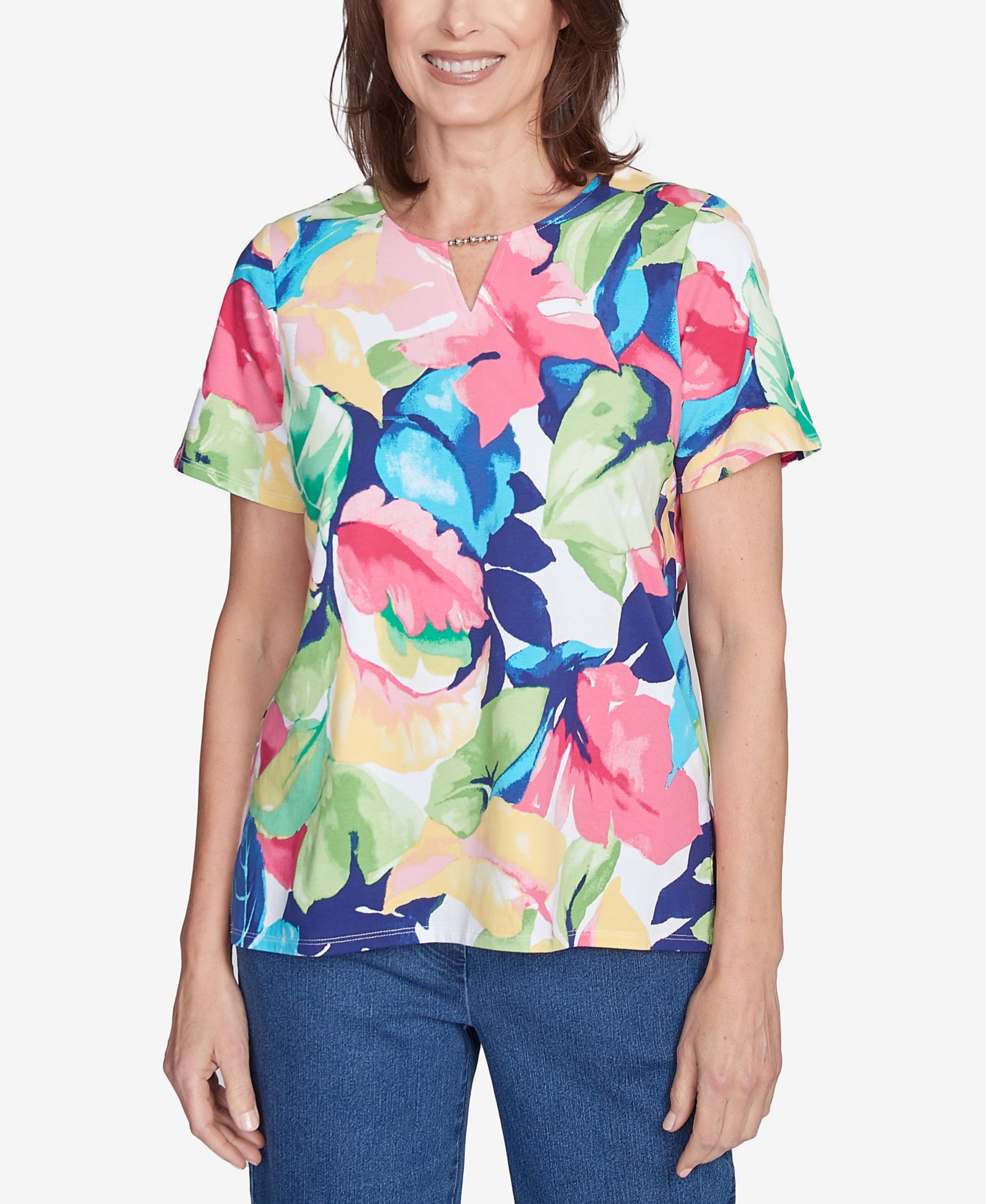 Женский топ Alfred Dunner Petite Tropical Leaf Split Beaded Neck
