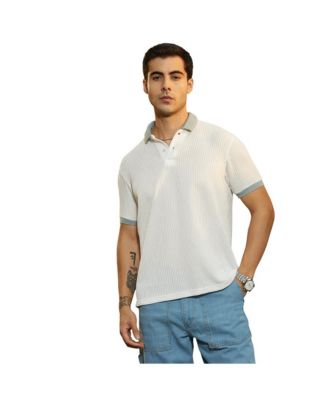 Campus Sutra Men's Chalk White and Sage Green Contrast Ribbed Polo T-Shirt