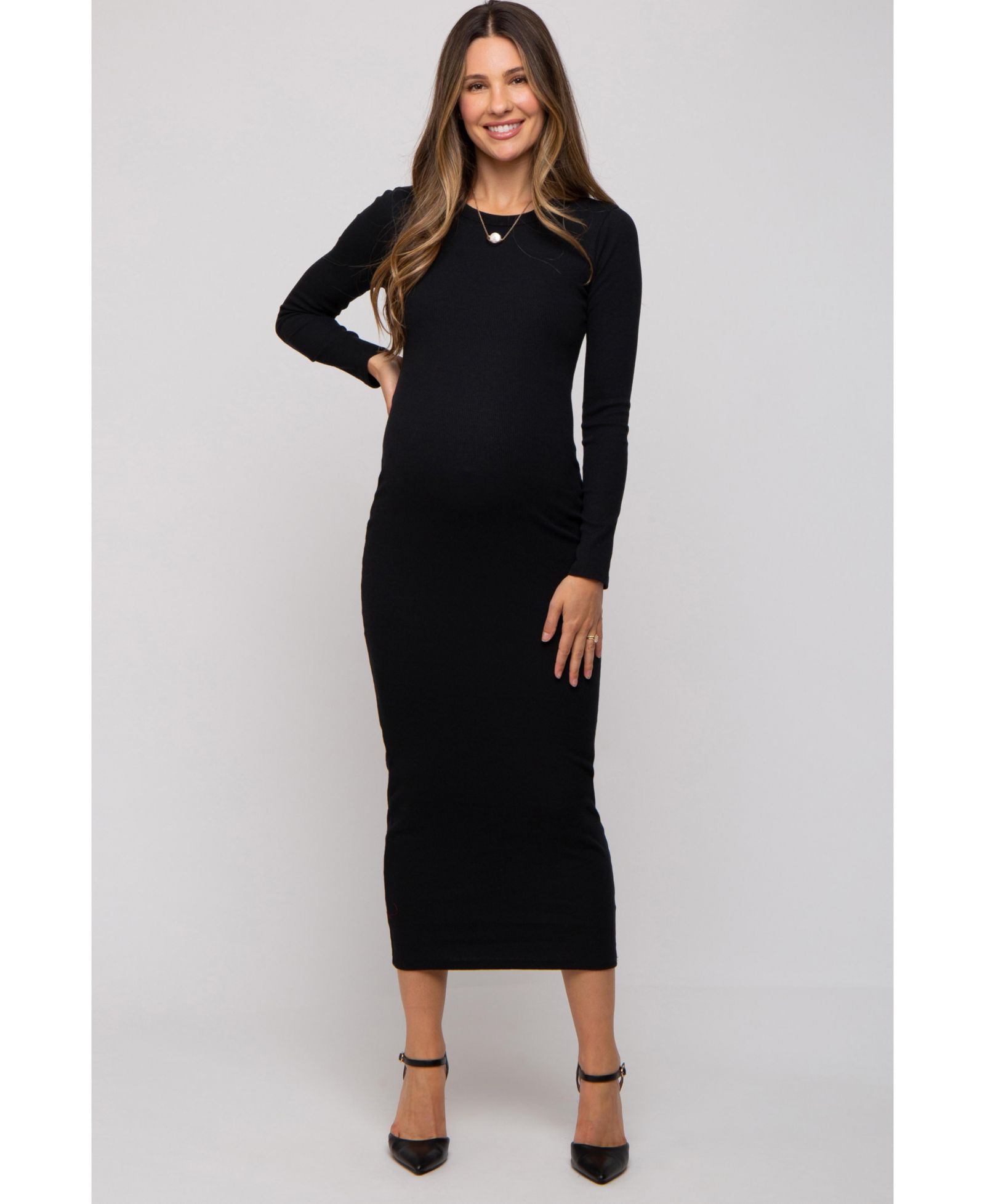 Женское миди-платье Pinkblush Black Ribbed Fitted Long Sleeve Midi Dress