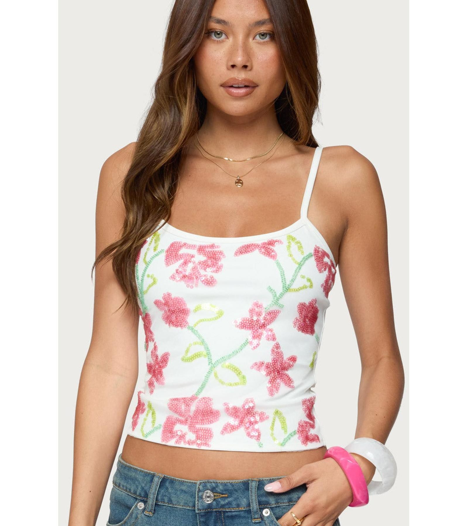 Edikted Womens Beaded Floral Embroidered Tank Top