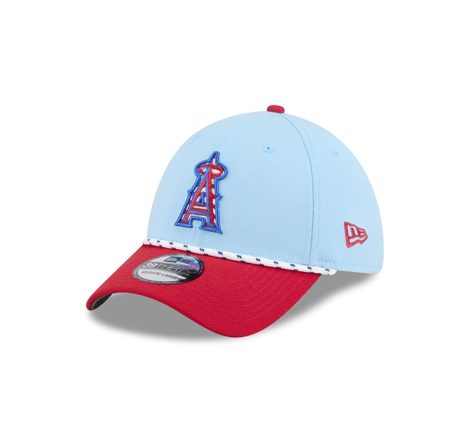 Мужская кепка New Era Los Angeles Angels 2025 Fourth of July 39THIRTY Flex голубая/красная