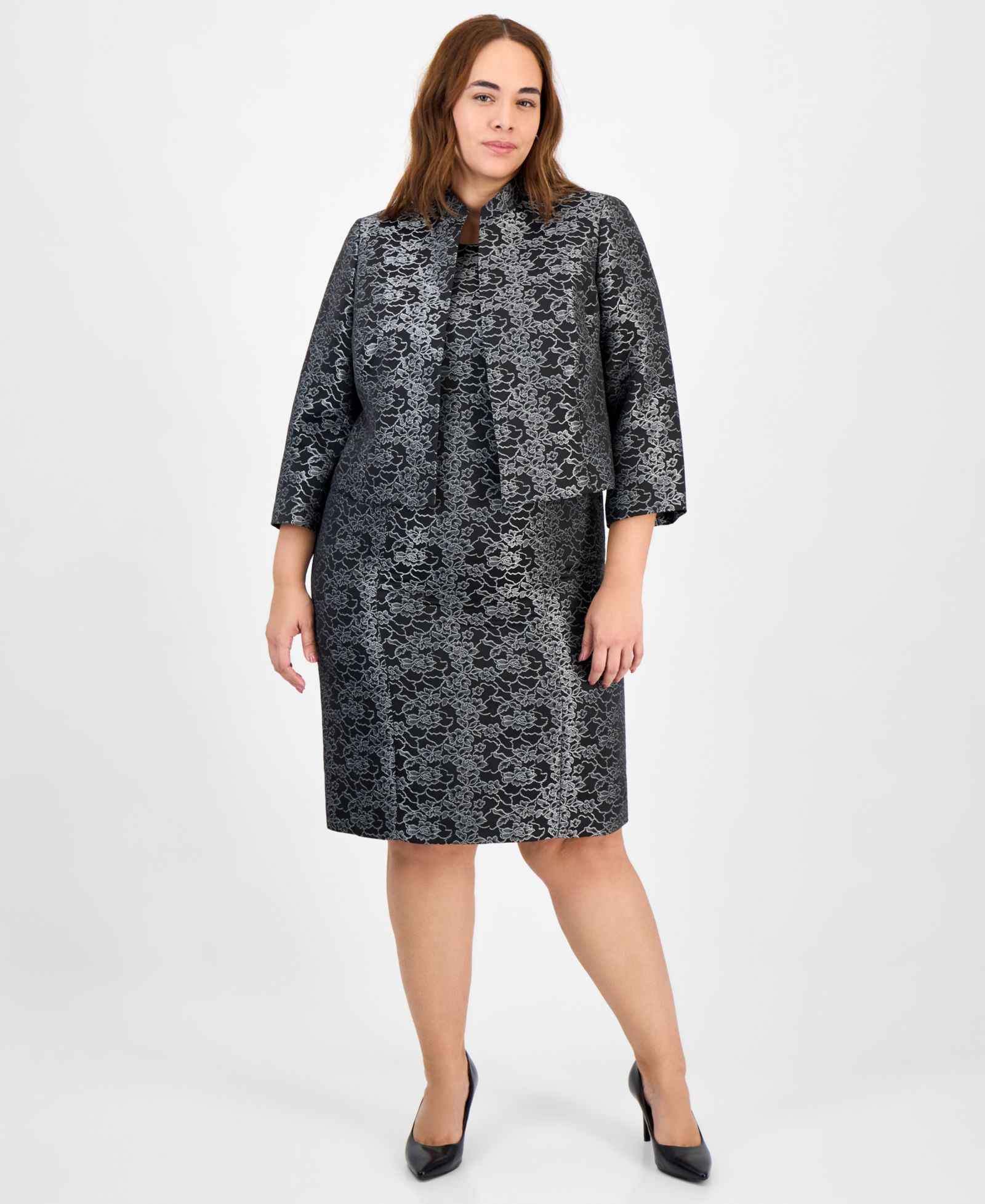 Le Suit Plus Size Floral Jacquard Sleeveless Sheath 2 Piece Dress Suit