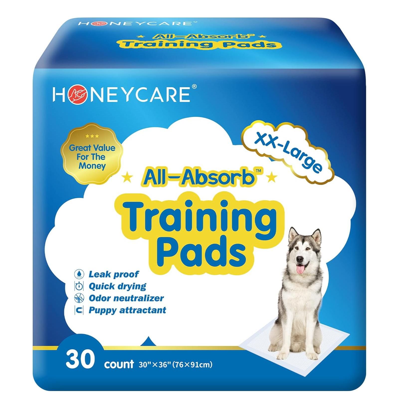 HoneyCare XXL dog training pads, ultra absorbent odor control design with leak proof 5 layer protection, 60 count, 30 x 36 inches