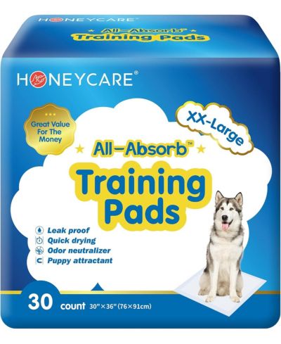 HoneyCare XXL dog training pads, ultra absorbent odor control design with leak proof 5 layer protection, 60 count, 30 x 36 inches