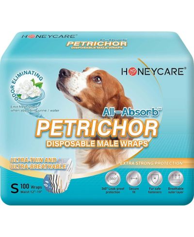 HoneyCare Printed All Absorb Petrichor Male Dog Wrap, Fresh Scent Dog Diaper, Disposable, Small, 100ct