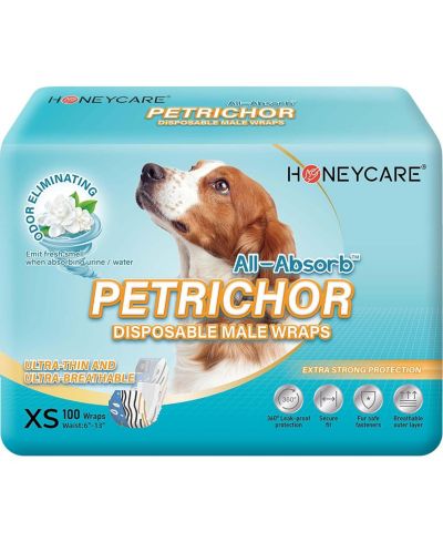 HoneyCare Printed All Absorb Petrichor Male Dog Wrap, Fresh Scent Disposable Diapers, Extra Small, 100ct
