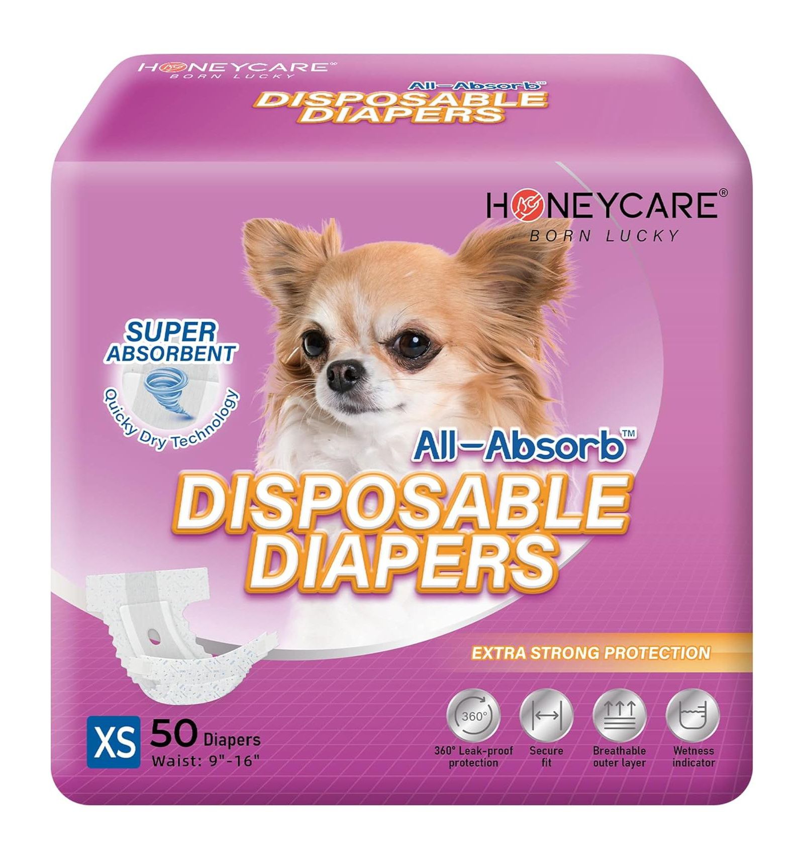 HoneyCare All-Absorb Disposable Female Dog Diapers, Super Absorbent, Breathable, Wetness Indicator Extra Small, 9x16 inches, 100ct