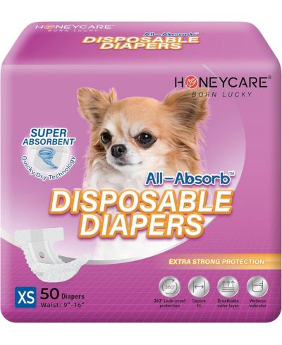 HoneyCare All-Absorb Disposable Female Dog Diapers, Super Absorbent, Breathable, Wetness Indicator Extra Small, 9x16 inches, 100ct