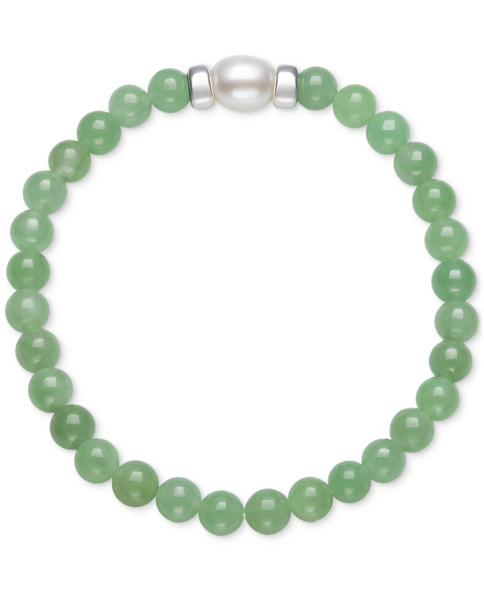 Dyed Green Jade & Cultured Freshwater Pearl (7mm) Bead Bracelet in Sterling Silver