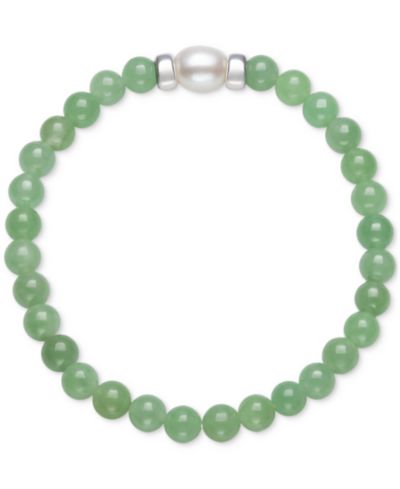 Dyed Green Jade & Cultured Freshwater Pearl (7mm) Bead Bracelet in Sterling Silver