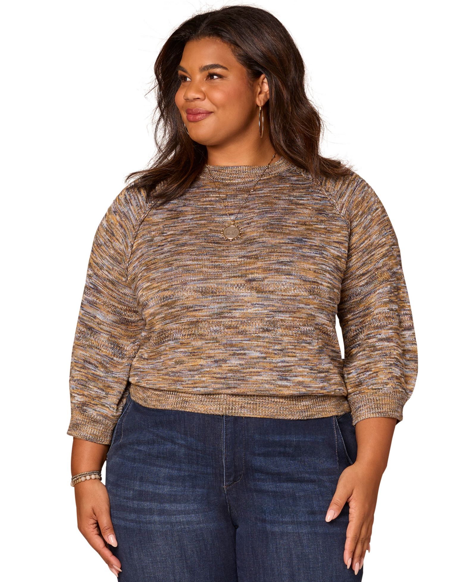 Democracy Plus Space Dye Round-Neck Blouson-Sleeve Sweater