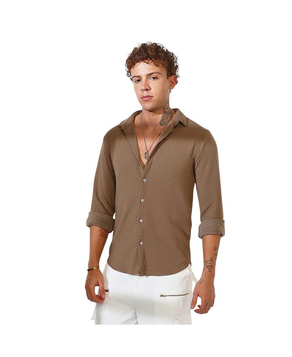 Campus Sutra Мужская рубашка Chocolate Brown Cubic-Textured