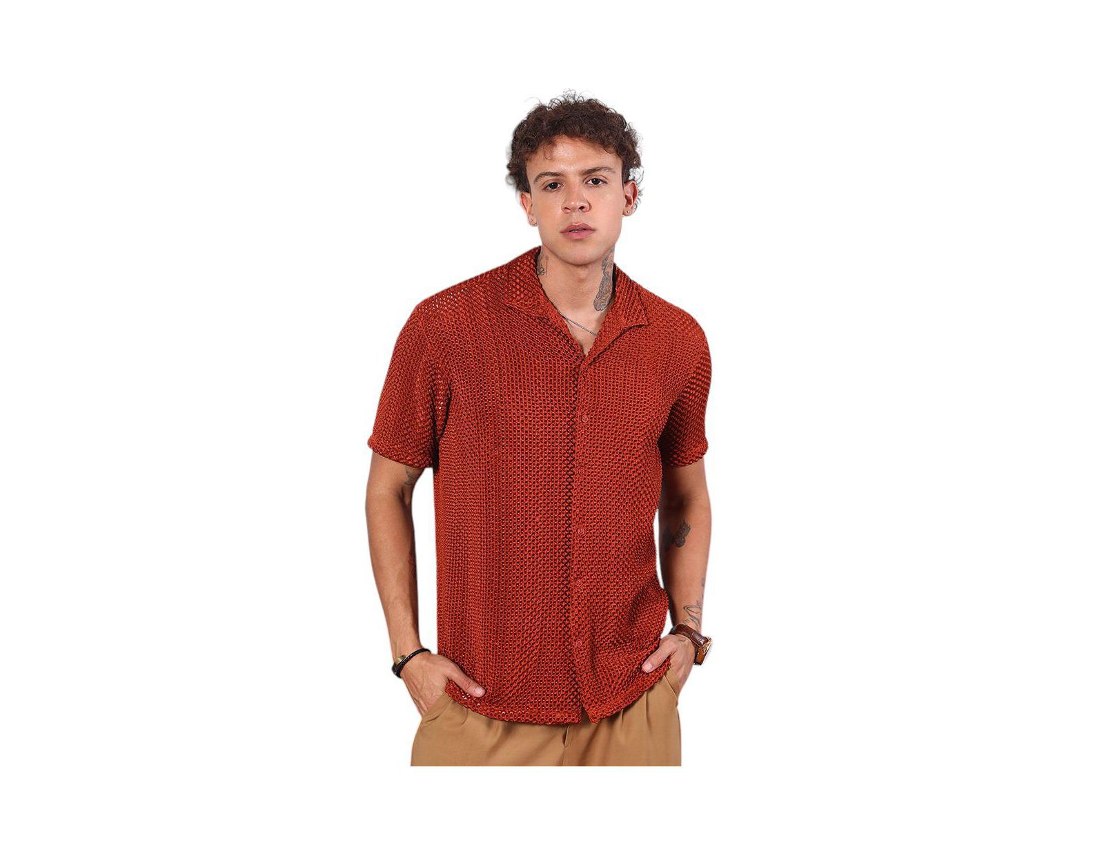 Мужская рубашка Campus Sutra Terracotta Brown Puffy-Textured