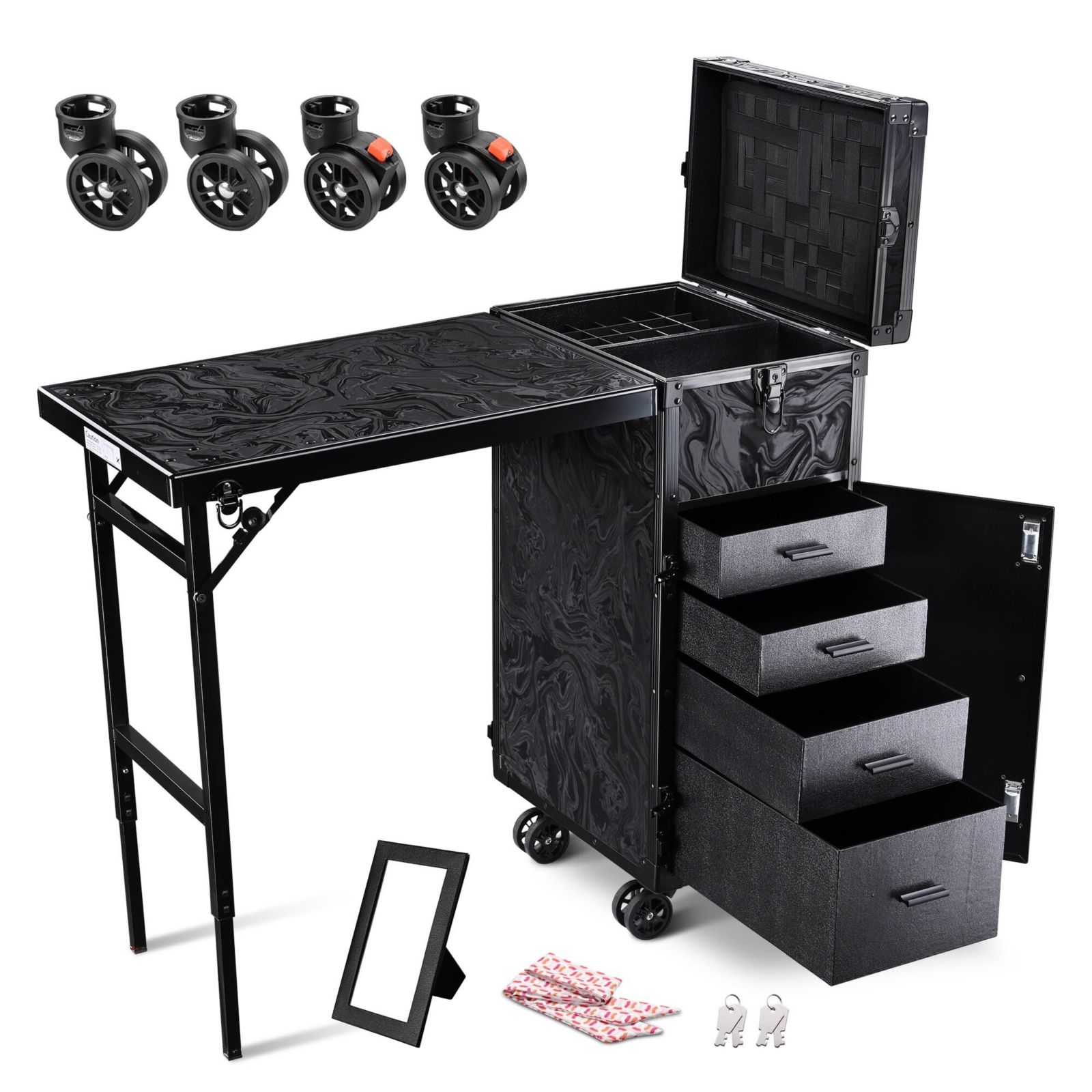Byootique Rolling Makeup Case Nail Table with 4 pcs Replacement Wheels Black