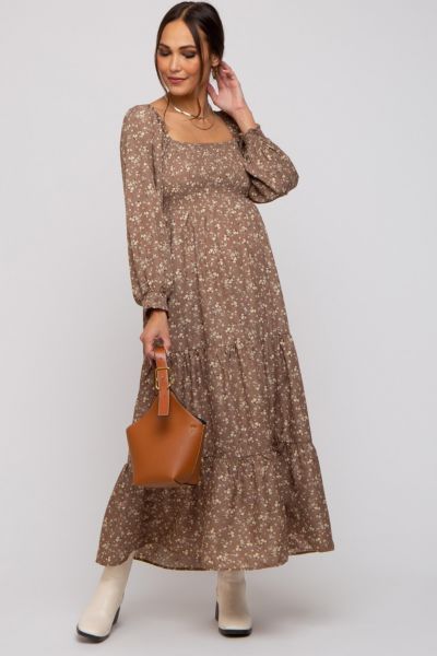 Pinkblush Women's Black Floral Smocked Long Sleeve Maxi Dress