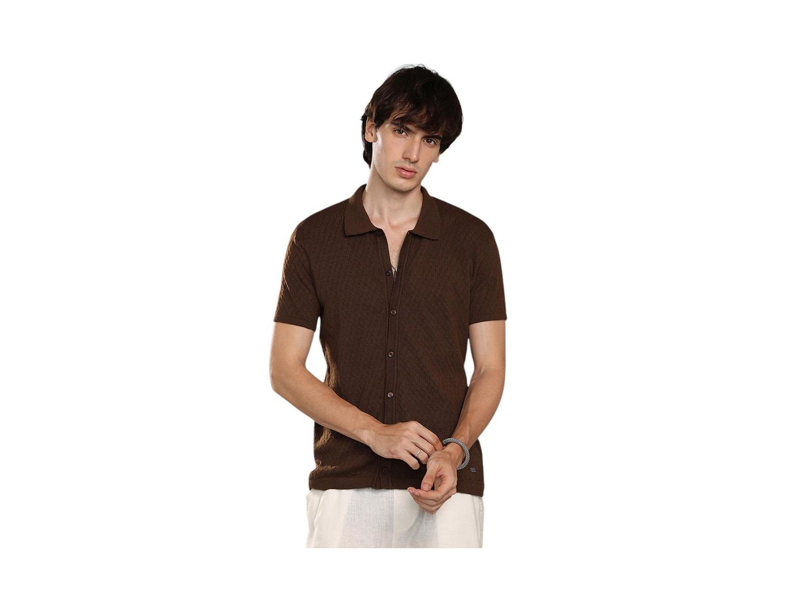 Cahoot Men's Campus Sutra Taupe Brown Rhombus-Textured Knit Shirt