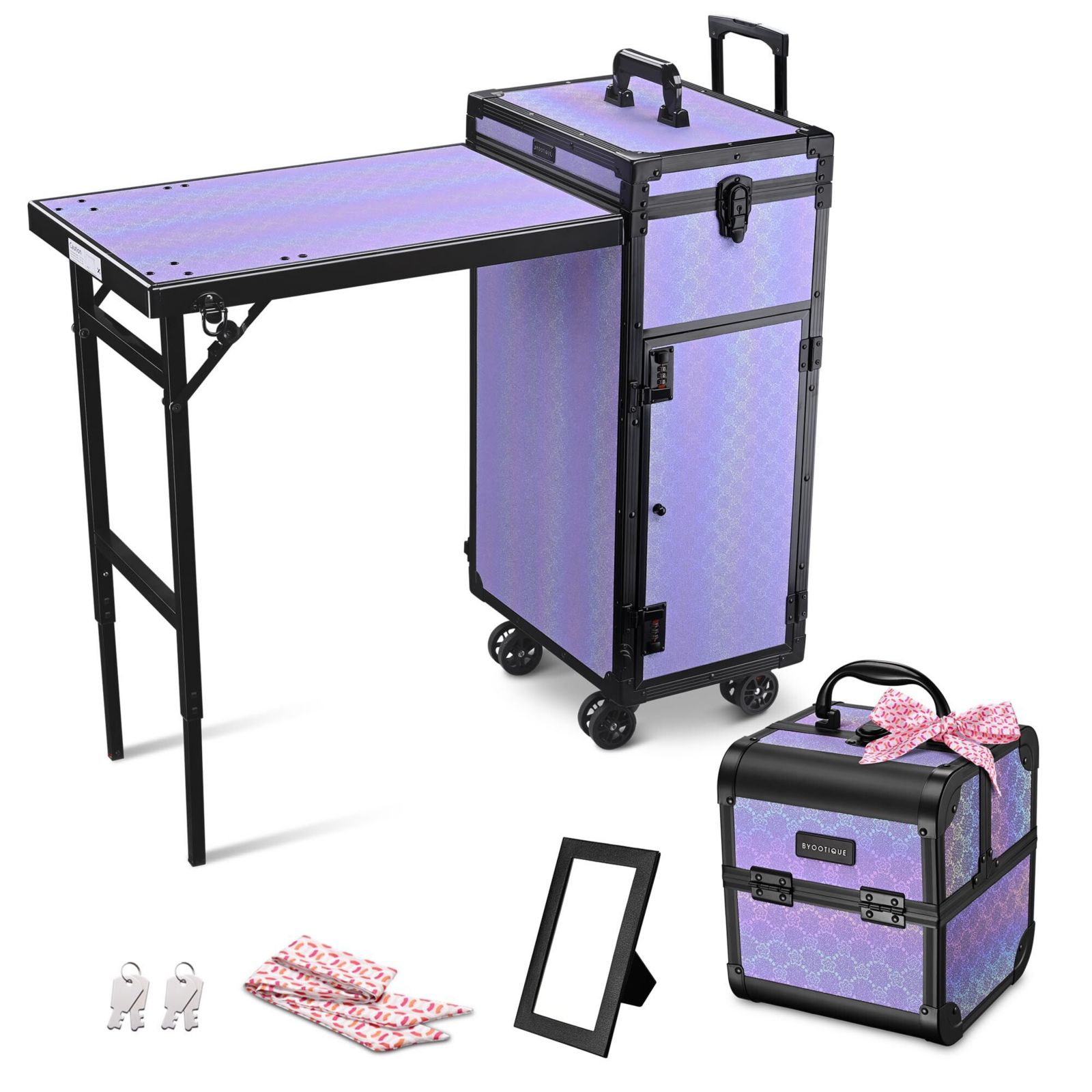 Byootique Portable Rolling Nail Table Kit with Makeup Train Case Aluminum Purple