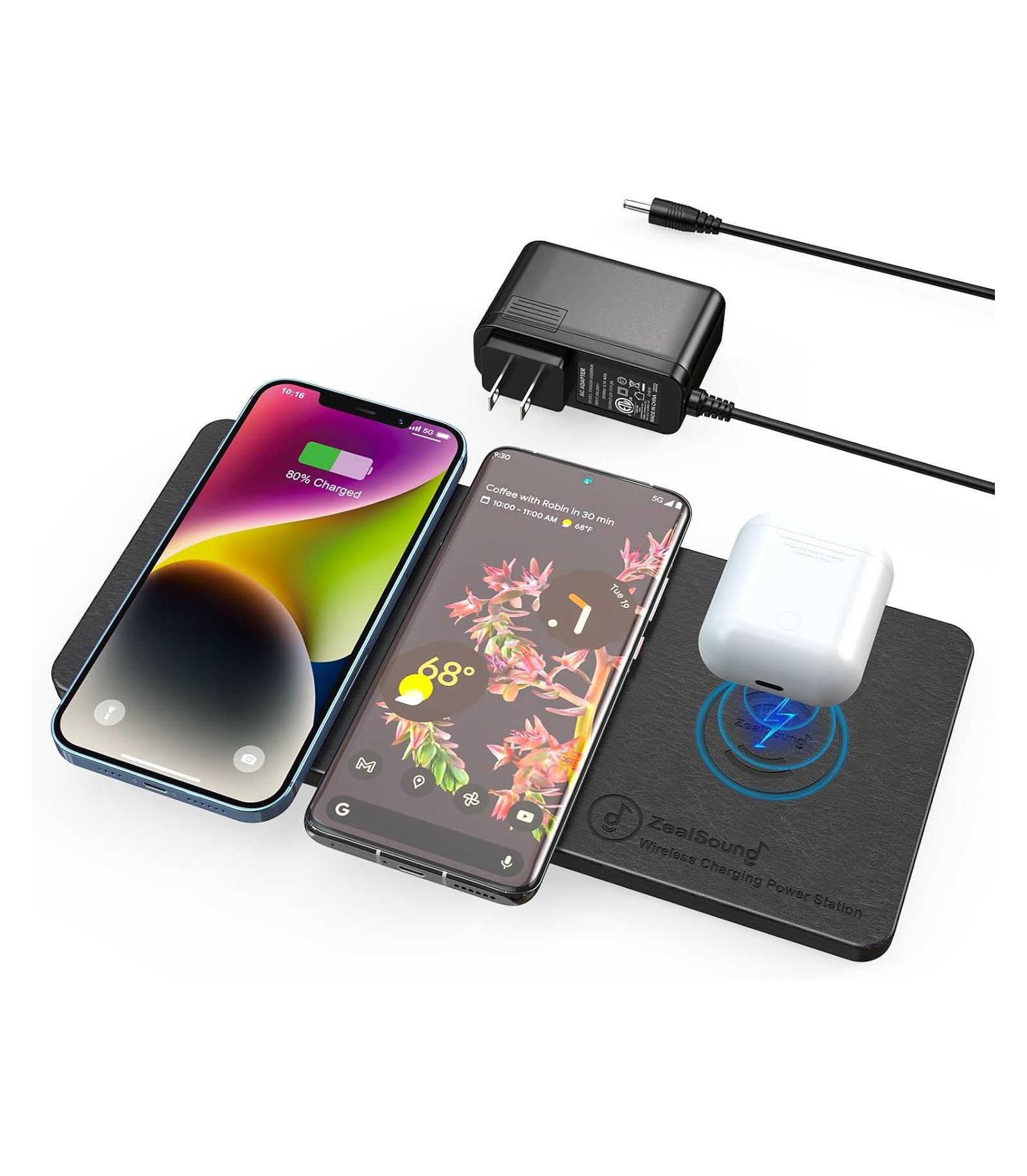 Zealsound Wireless Triple Charging Pad for iPhone, Samsung Galaxy, Pixel, AirPods, and Qi-Enabled Devices