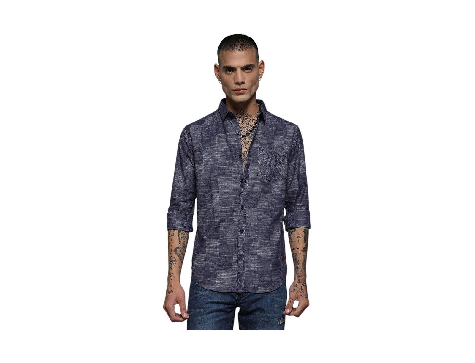 Cahoot Men's Campus Sutra Steel Blue Heathered Denim Check Shirt