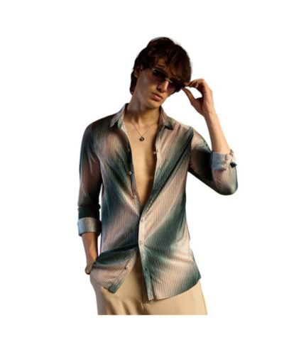 Cahoot Men's Campus Sutra Emerald Green & Ivory White Ombre-Pleated Shirt