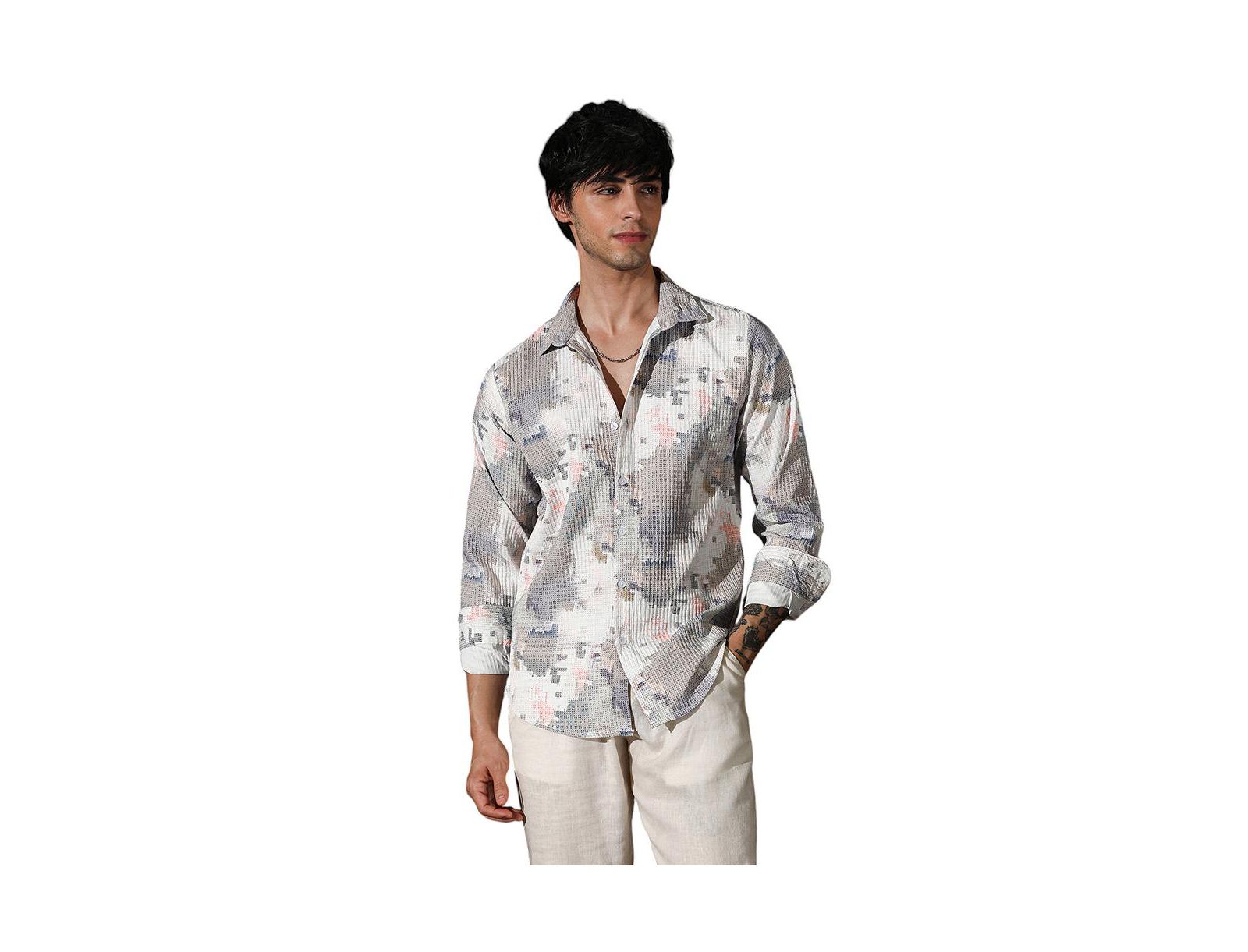 Campus Sutra Мужская рубашка Moon Grey & Chalk White Artistic-Blur
