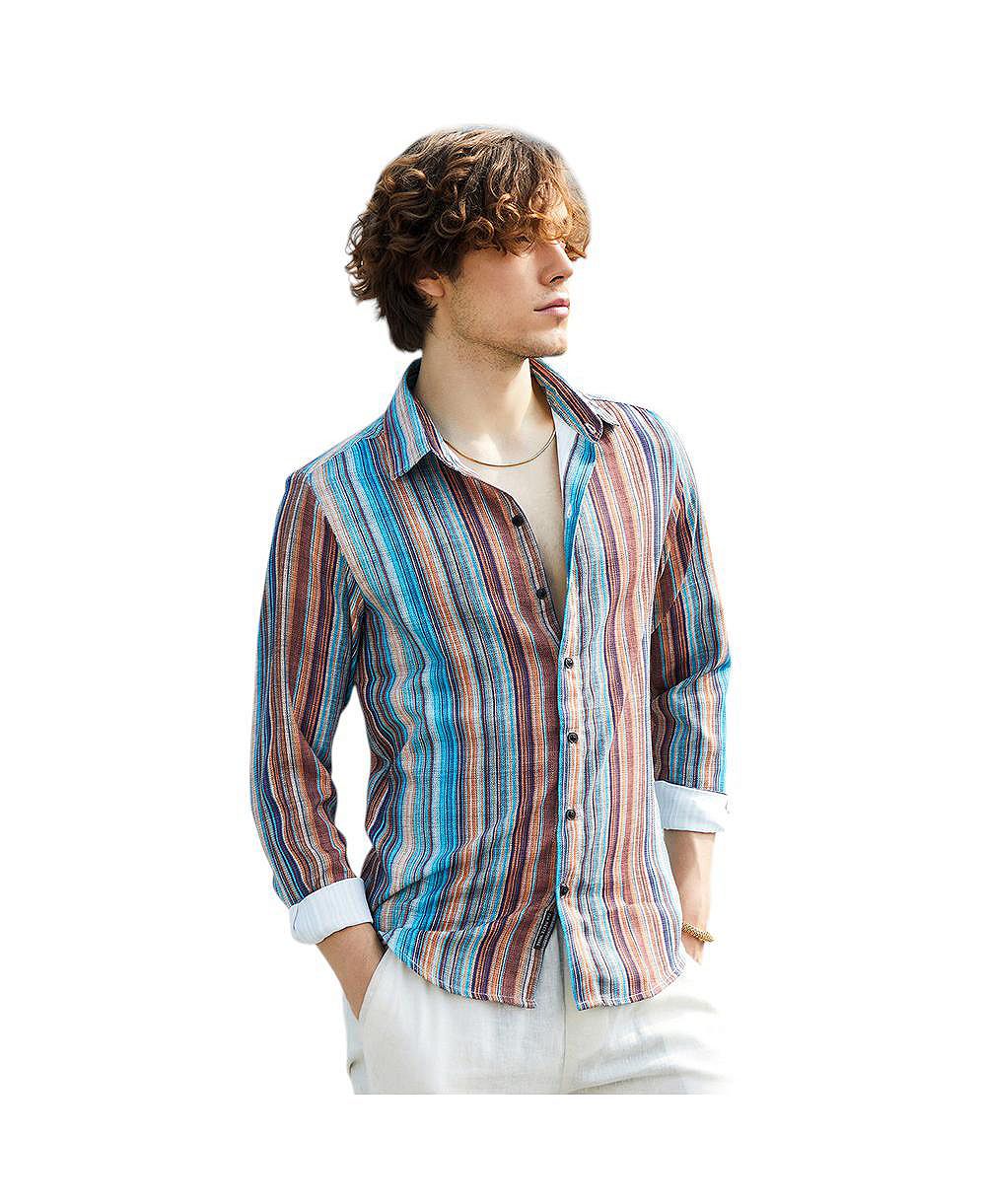 Campus Sutra Men's Azure Blue & Chocolate Brown Multitrack-Striped Shirt