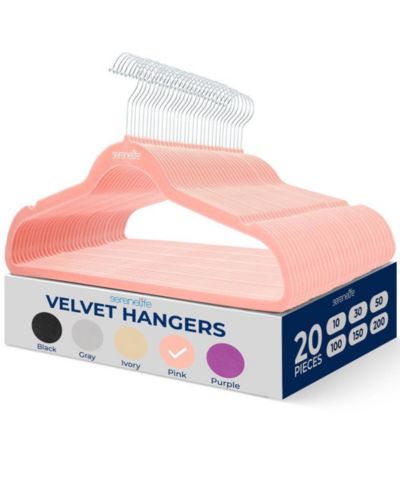 SereneLife 20 Pcs. Velvet Hangers - Non-Slip, Sturdy, and Heavy Duty Coat Set with 360° Swivel Hook for Clothes (Pink)