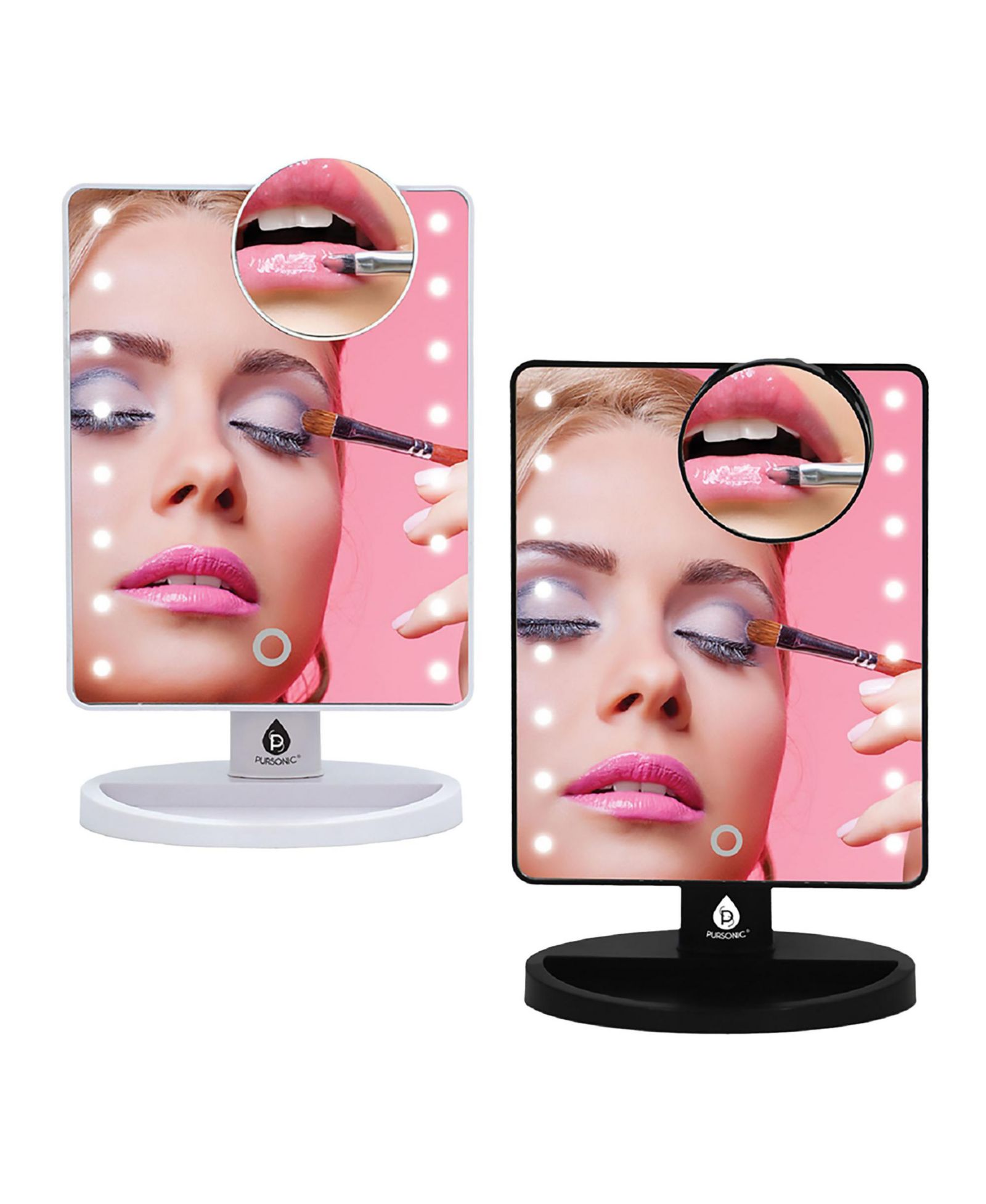 PURSONIC Him’s and Her’s Pursonic LED Lighted Vanity Makeup Mirror Bundle – Black & White Set with 5X Magnifying Mini Mirrors