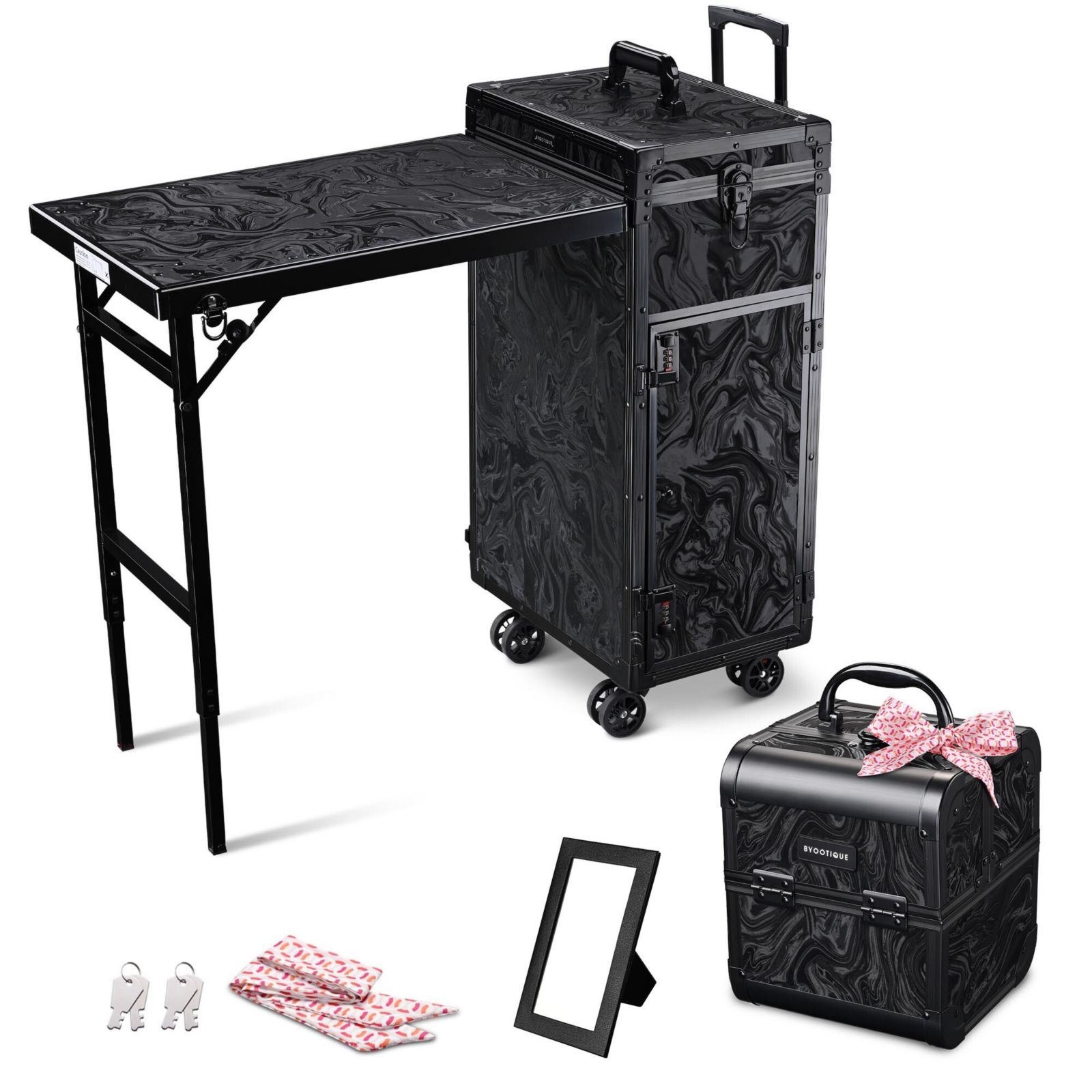 Byootique Rolling Nail Table and Makeup Case Kit Cosmetic Organizer Aluminum Black