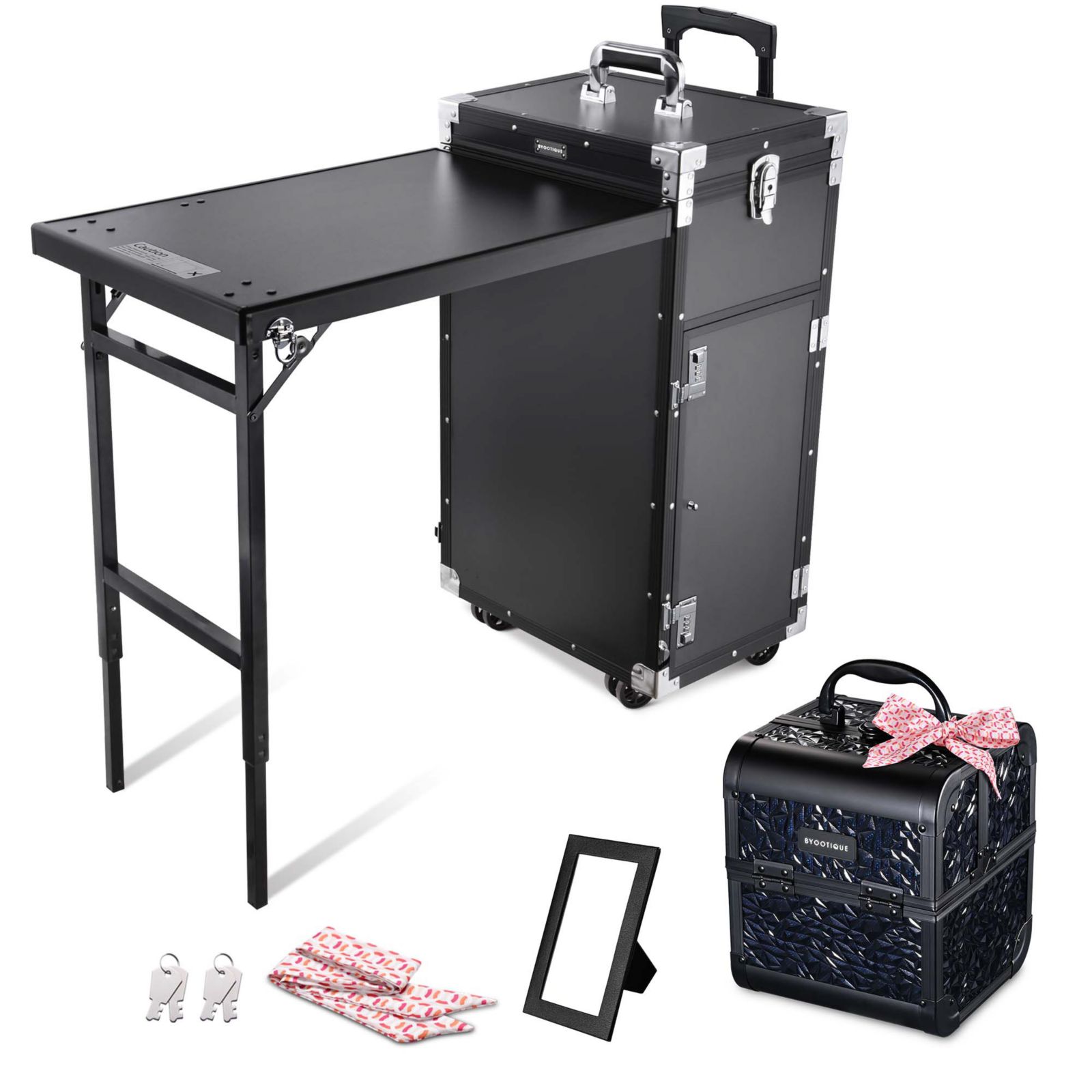 Byootique Aluminum Rolling Nail Table with Train Case Cosmetic Organizer Black