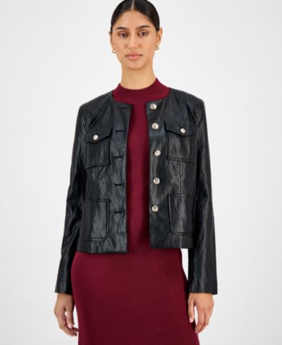 Женская кожаная куртка T Tahari Button-Front Faux Leather