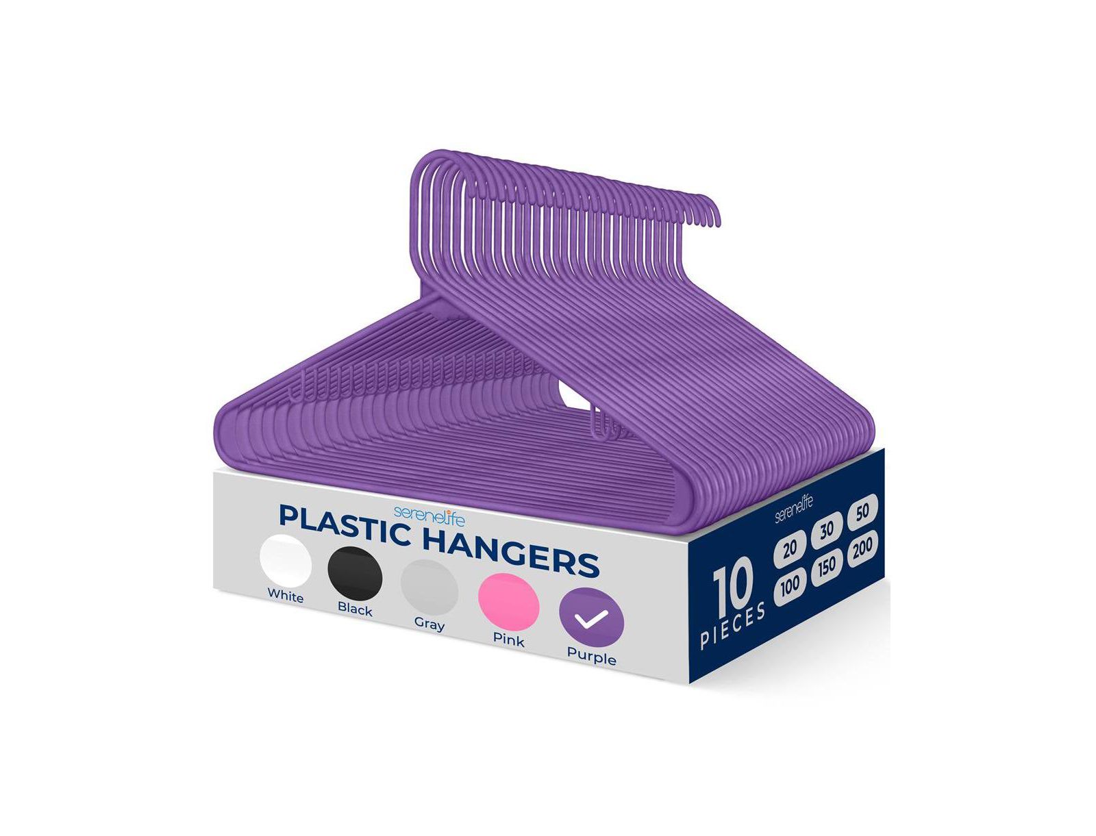 SereneLife 10 Pcs. Plastic Hangers - Non-Slip, Sturdy, and Heavy Duty Coat Set with 360° Swivel Hook for Clothes