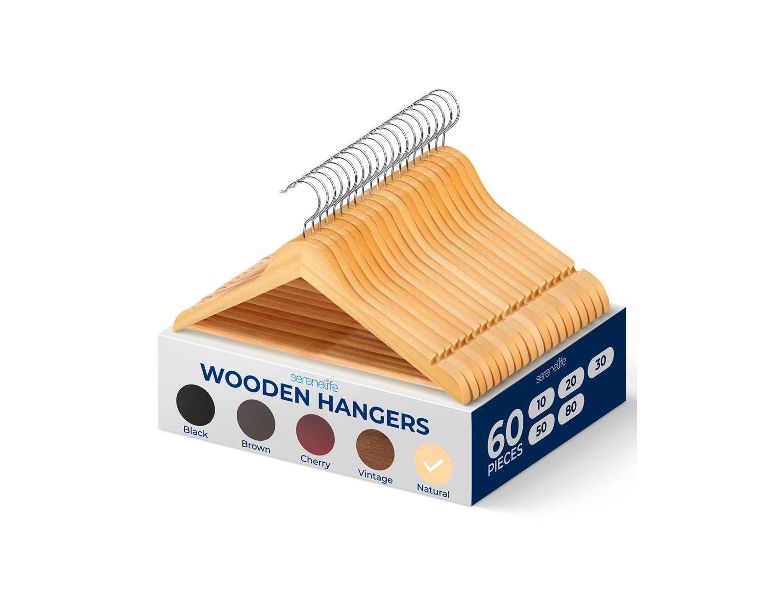 SereneLife Solid Wooden Hangers, Mega Pack, 60 Pieces Hangers for Clothes, Heavy Duty Suit Hanger Set