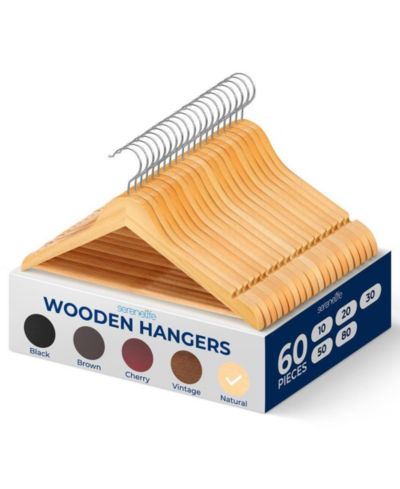 SereneLife Solid Wooden Hangers, Mega Pack, 60 Pieces Hangers for Clothes, Heavy Duty Suit Hanger Set