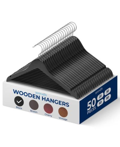 SereneLife Wooden Hanger Set with 50 Non-Slip Heavy-Duty Suit Hangers and Chrome 360° Swivel Hooks