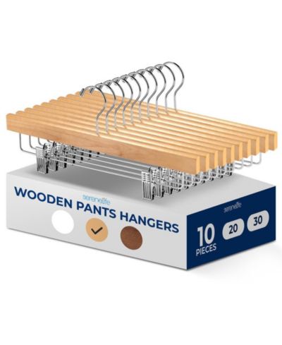 SereneLife Premium Wooden Pants Hanger Set with 10 Heavy-Duty Hangers and Chrome 360° Swivel Hooks